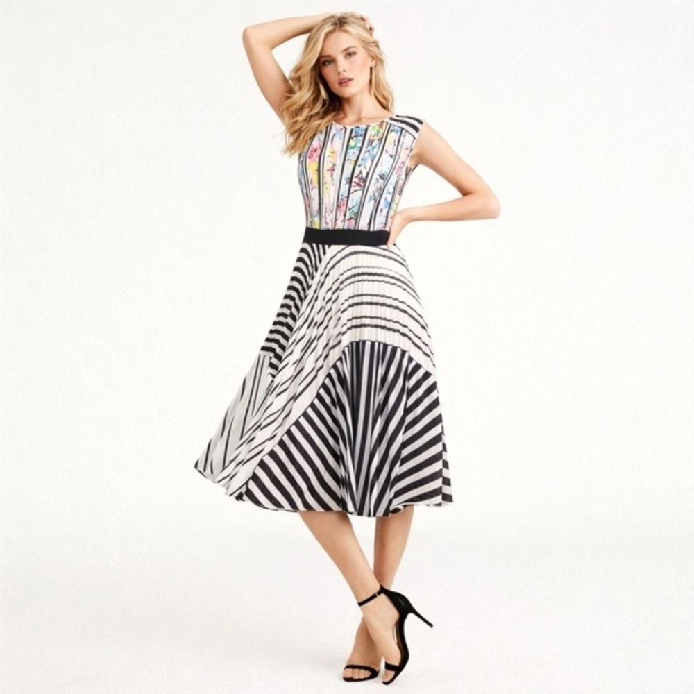 BCBGMaxAzria Abstract‎ Pleated Midi Dress Black White Art Deco PEW65D71-6B7 S